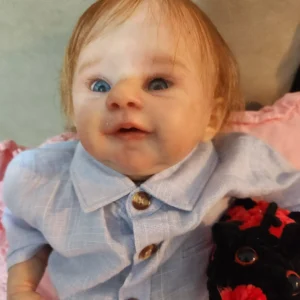 Piper – 18" Awake Older Vinyl Reborn Baby Boy Doll with Blue Glass Eyes & Rooted Auburn Mohair