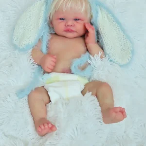 Riko – 21"  Full Body Silicone Awake Reborn Baby Doll with Blue Glass Eyes & Rooted Mohair